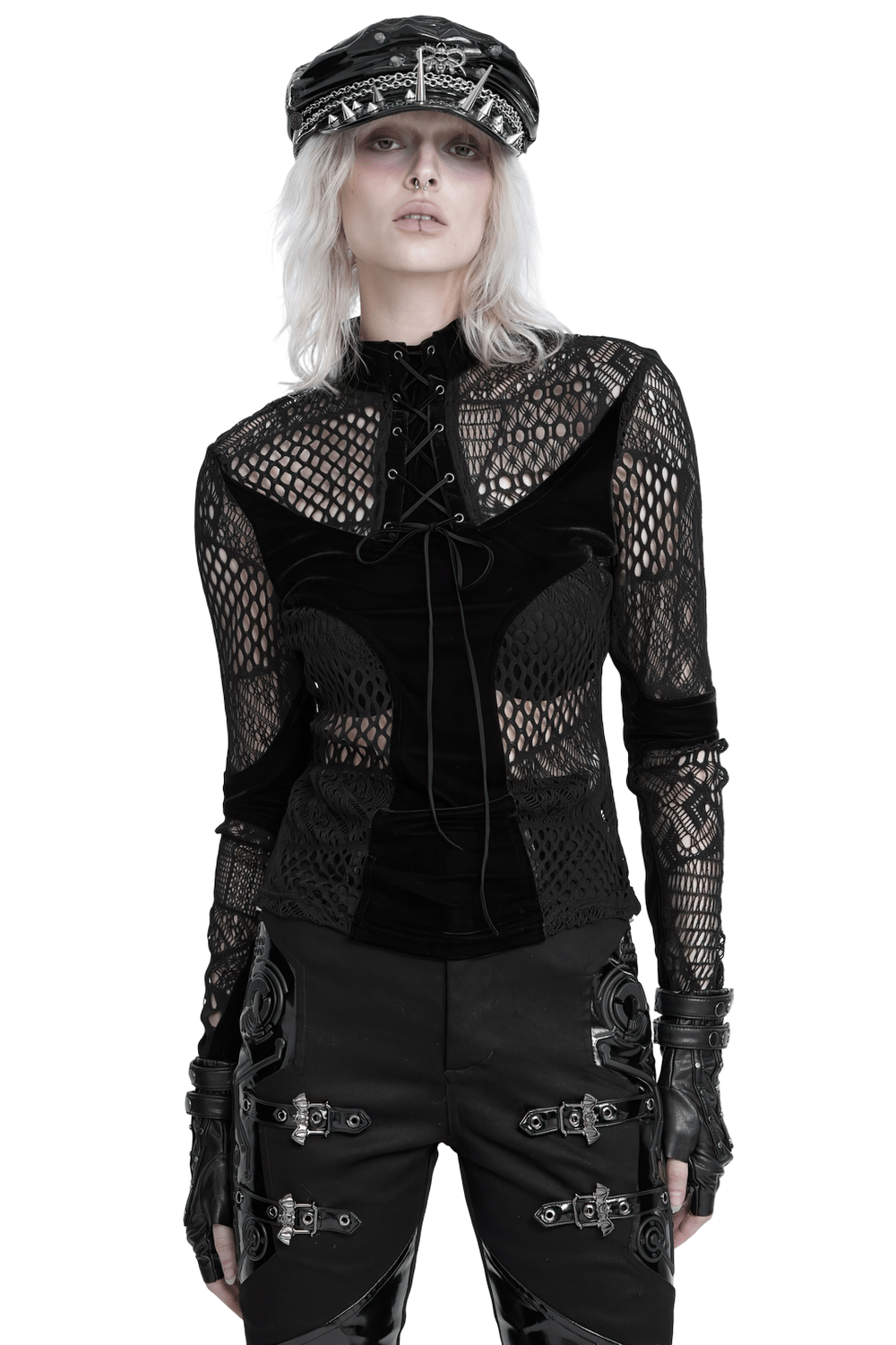 Black Gothic Lace-Up Mesh Top with Velvet Panels, dark punk sheer fishnet blouse with high neckline and long sleeves