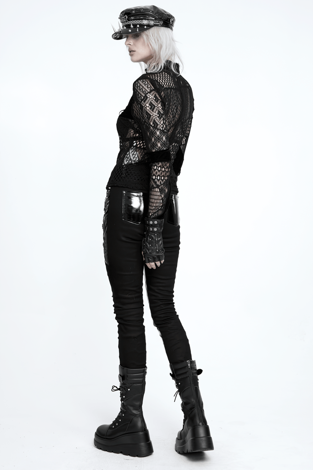 Black Gothic Lace-Up Mesh Top with Velvet Panels, sheer punk blouse with high neckline and lace-up front