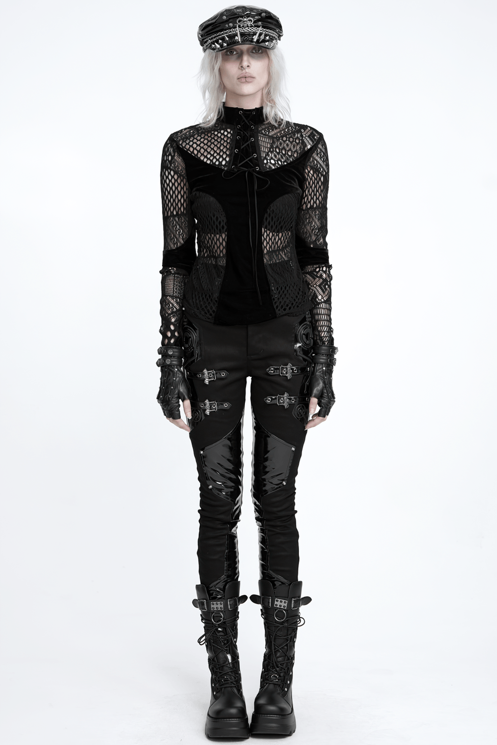 Black Gothic Lace-Up Mesh Top with Velvet Panels, dark punk sheer fishnet blouse with high neckline and lace-up front