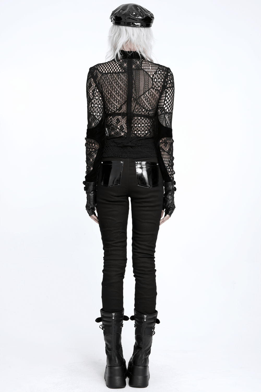 Black Gothic Lace-Up Mesh Top with Velvet Panels, sheer fishnet gothic blouse with high neckline and long sleeves
