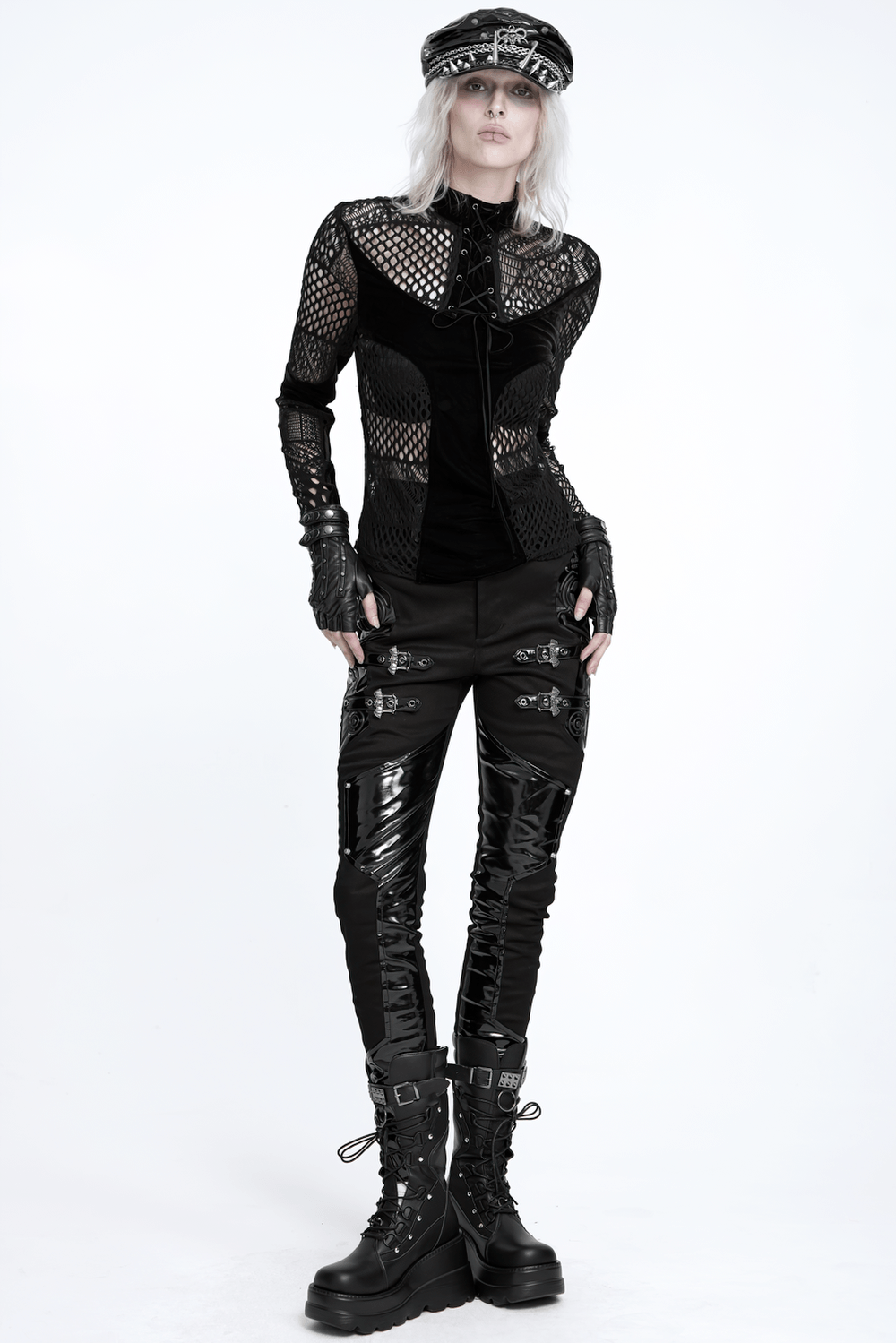 Black Gothic Lace-Up Mesh Top with Velvet Panels, dark punk sheer fishnet blouse with high neckline and lace-up front