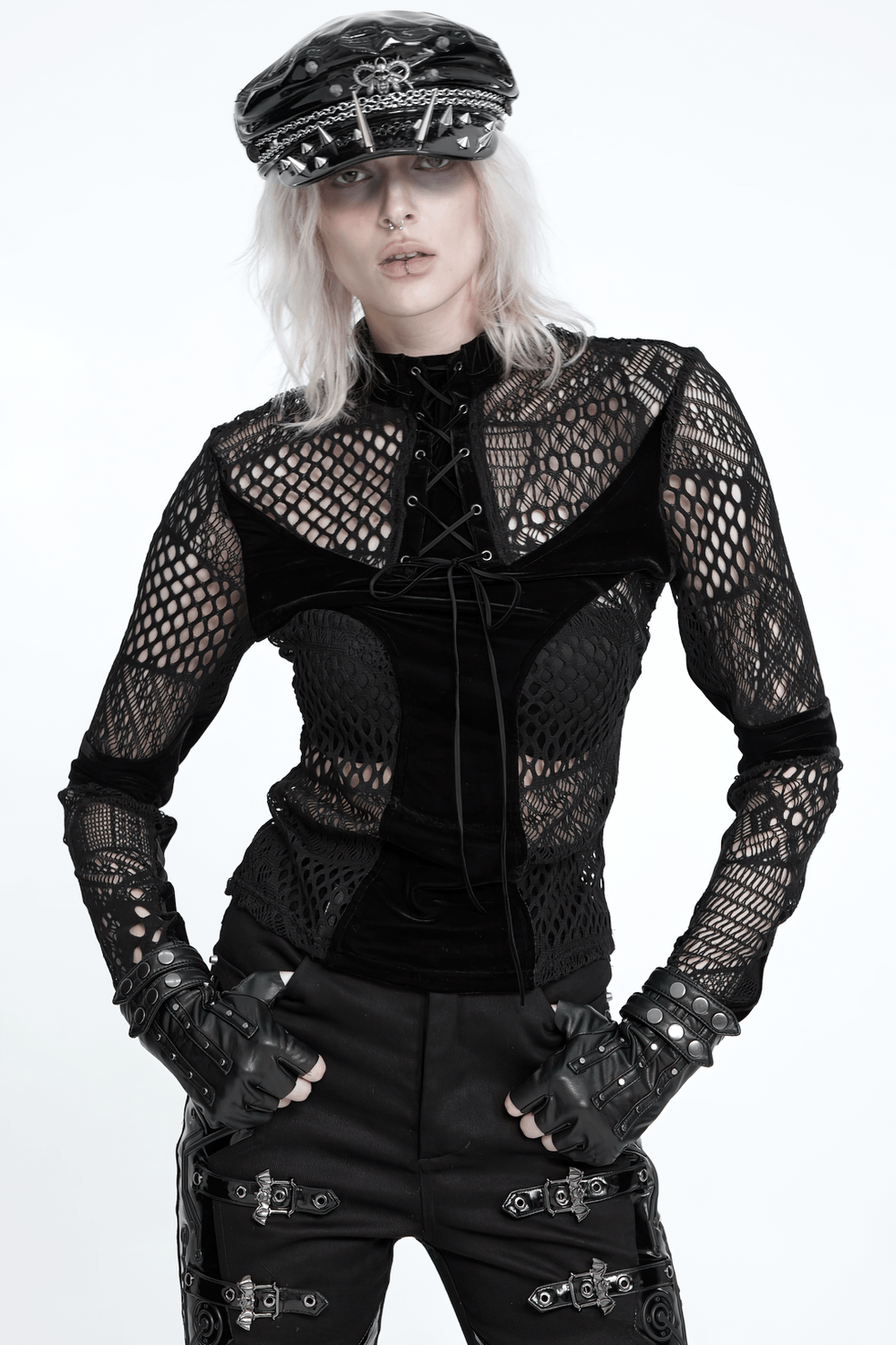 Black Gothic Lace-Up Mesh Top with Velvet Panels, punk sheer blouse with fishnet sleeves and high neckline.