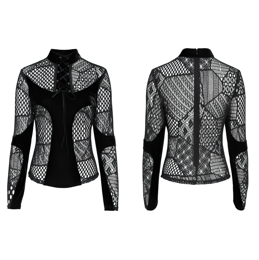 Black Gothic Lace-Up Mesh Top with Velvet Panels, black sheer fishnet blouse with high neckline and lace-up front
