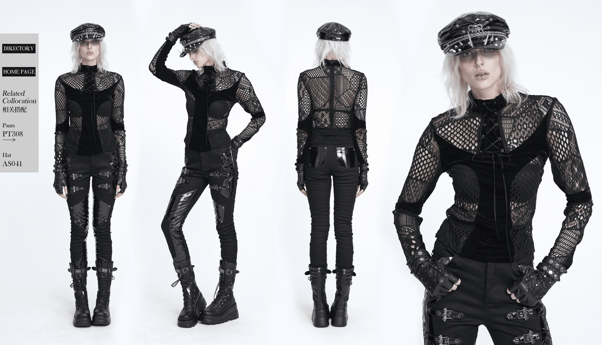 Black Gothic Lace-Up Mesh Top with Velvet Panels worn with fishnet sleeves and dark punk styling
