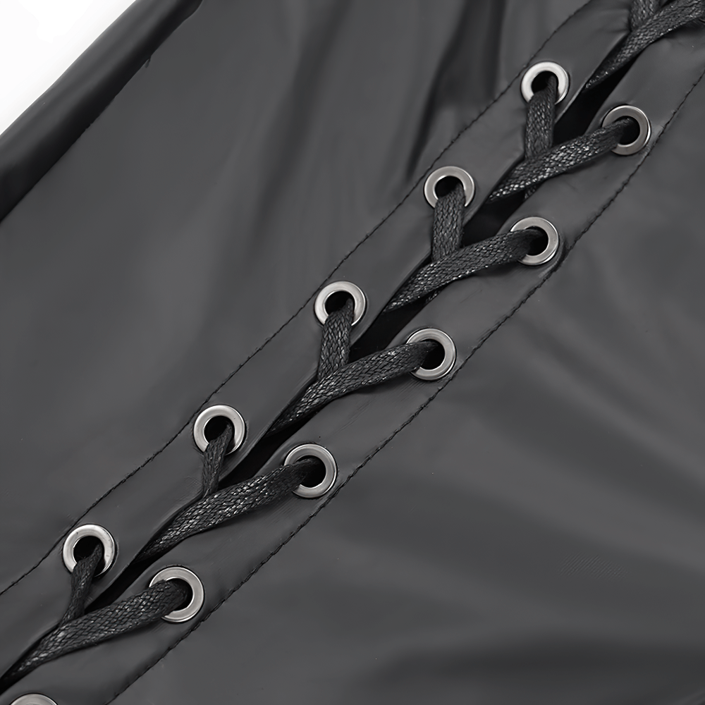 Close-up of black gothic lace-up detail with grommets, showcasing stylish corset lacing on synthetic leather pants.