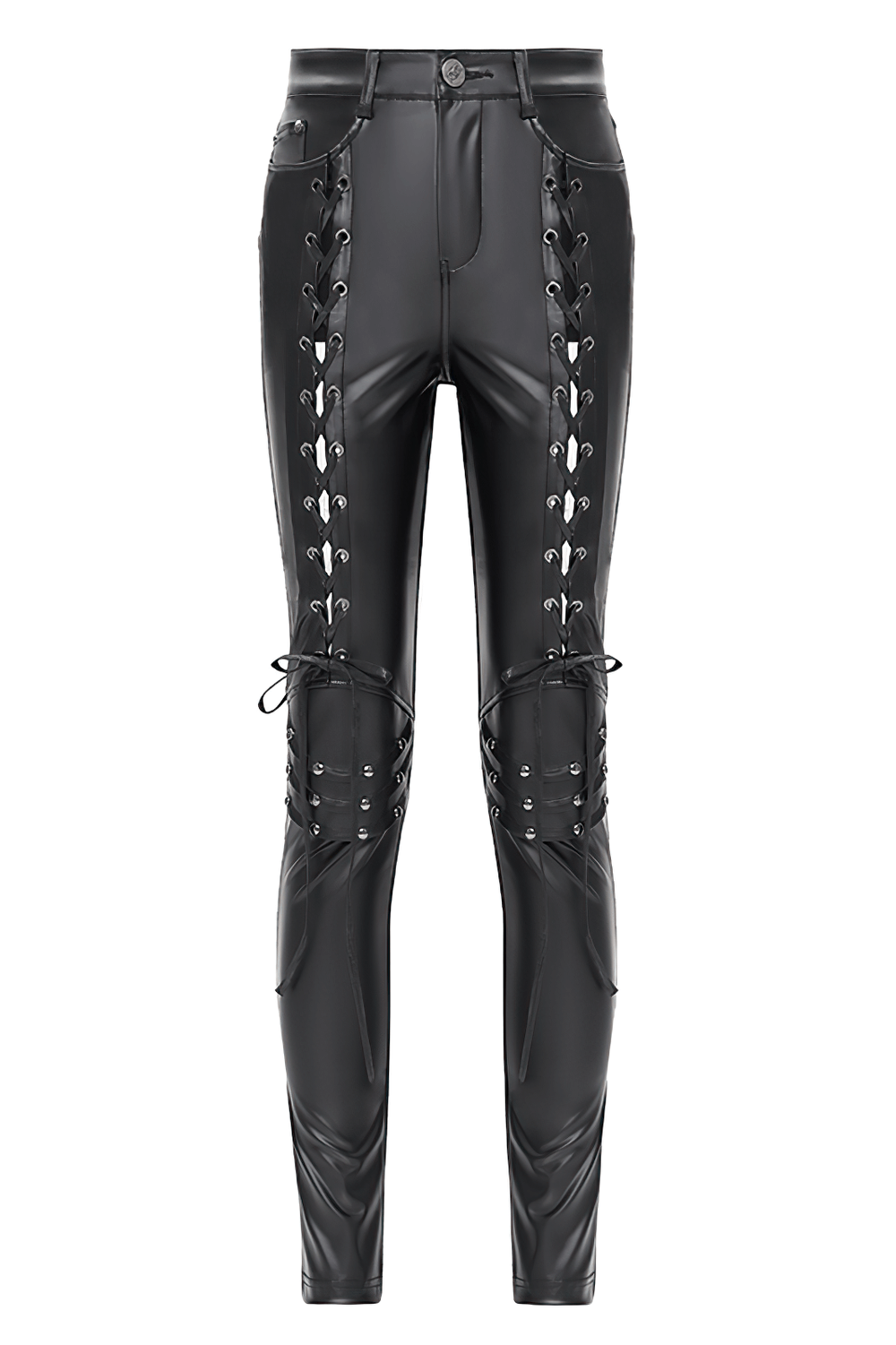 Black gothic lace-up pants with grommet details and ties for a punk-inspired look.