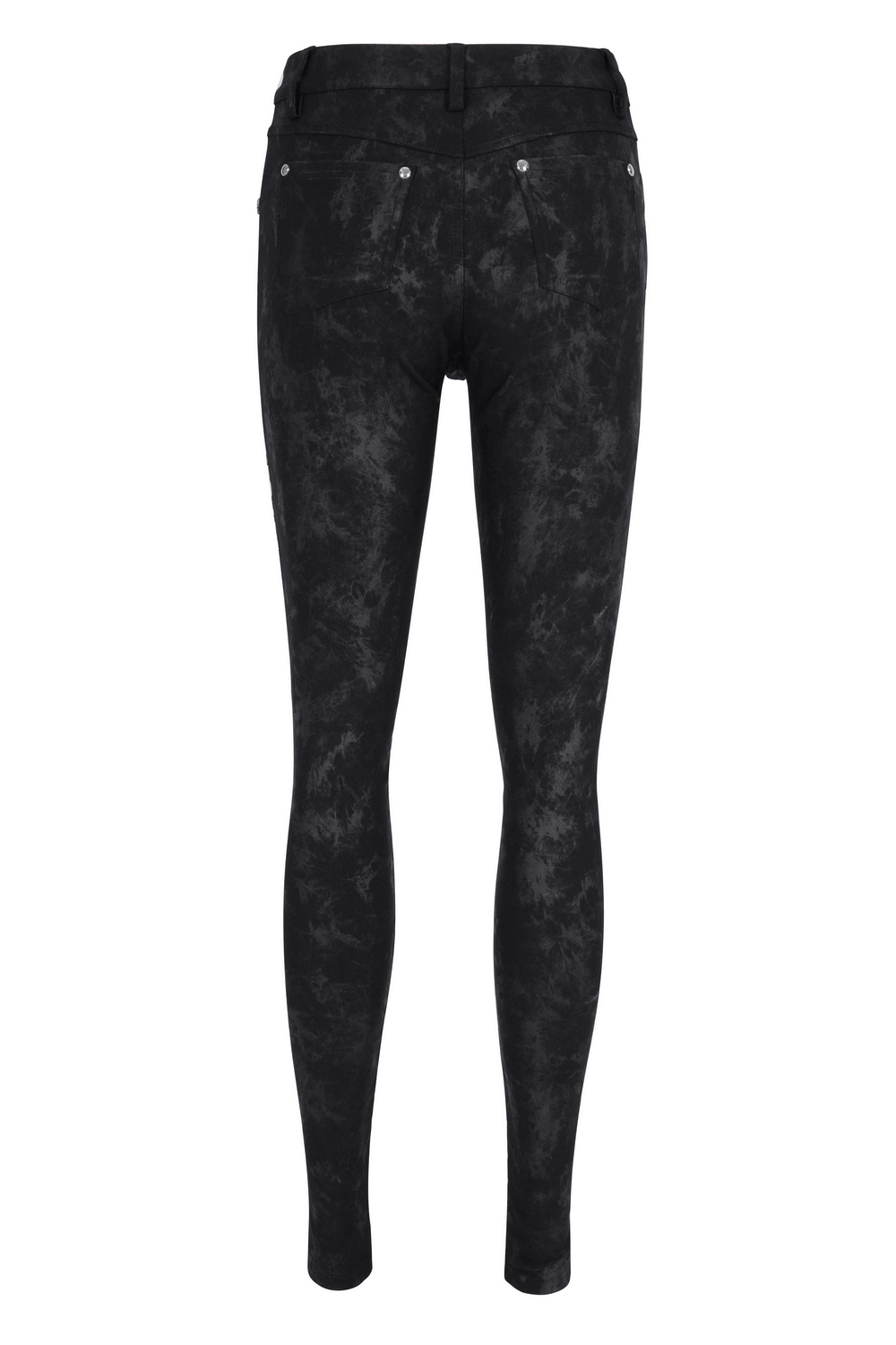 Black gothic skinny pants with a trendy lace-up design and stylish skull detailing from the back view.