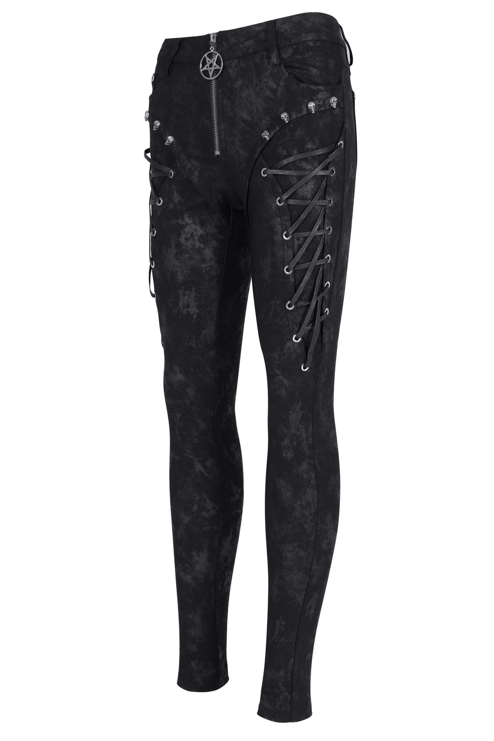 Edgy black gothic lace-up skinny pants with pentagram zipper and skull detailing for alternative fashion lovers.