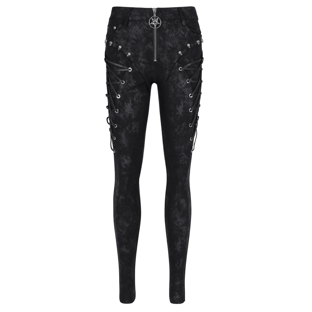 Black gothic lace-up skinny pants with pentagram charm and edgy ripped detailing, perfect for alternative fashion.