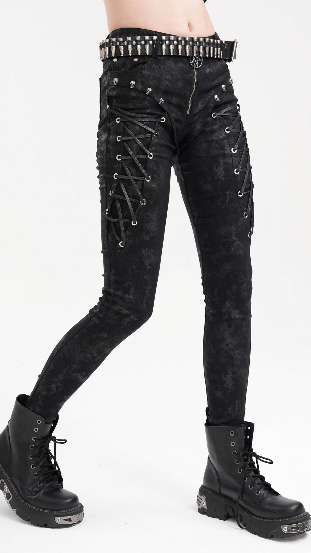 Black gothic lace-up skinny pants with skull detailing and pentagram charm, perfect for edgy alternative fashion lovers.