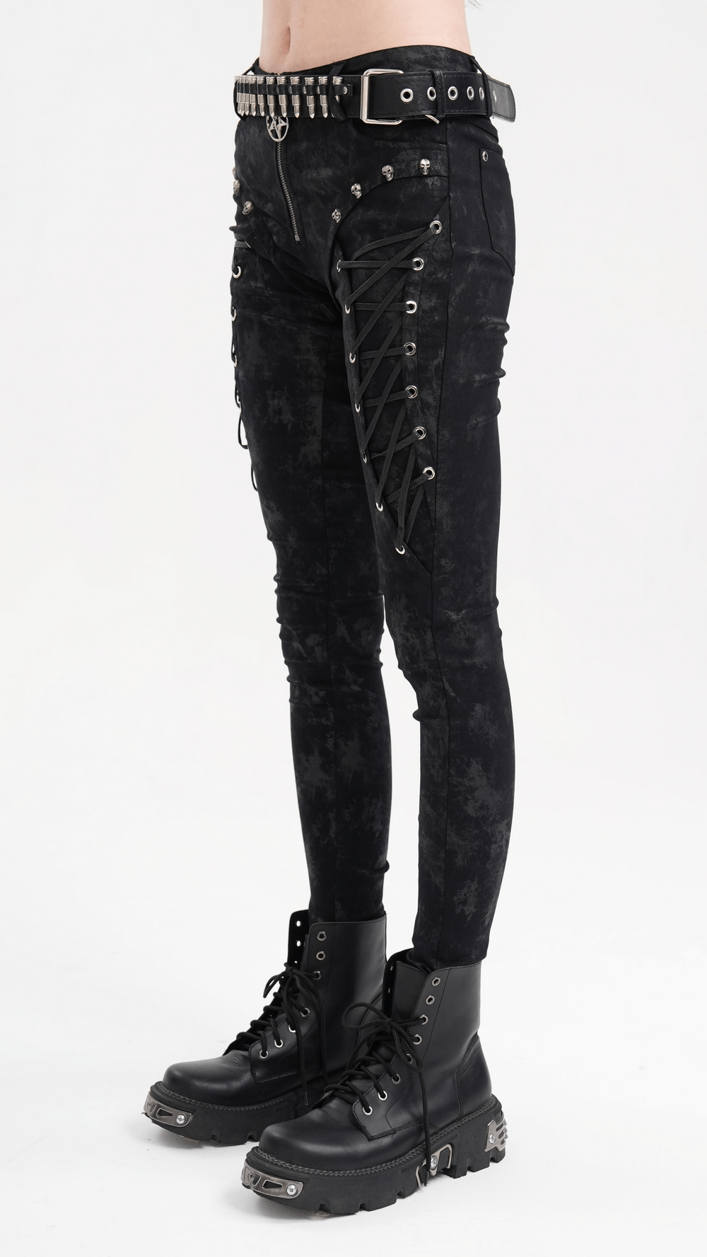 Black gothic lace-up skinny pants with silver skulls and pentagram charm, perfect for edgy alternative fashion.