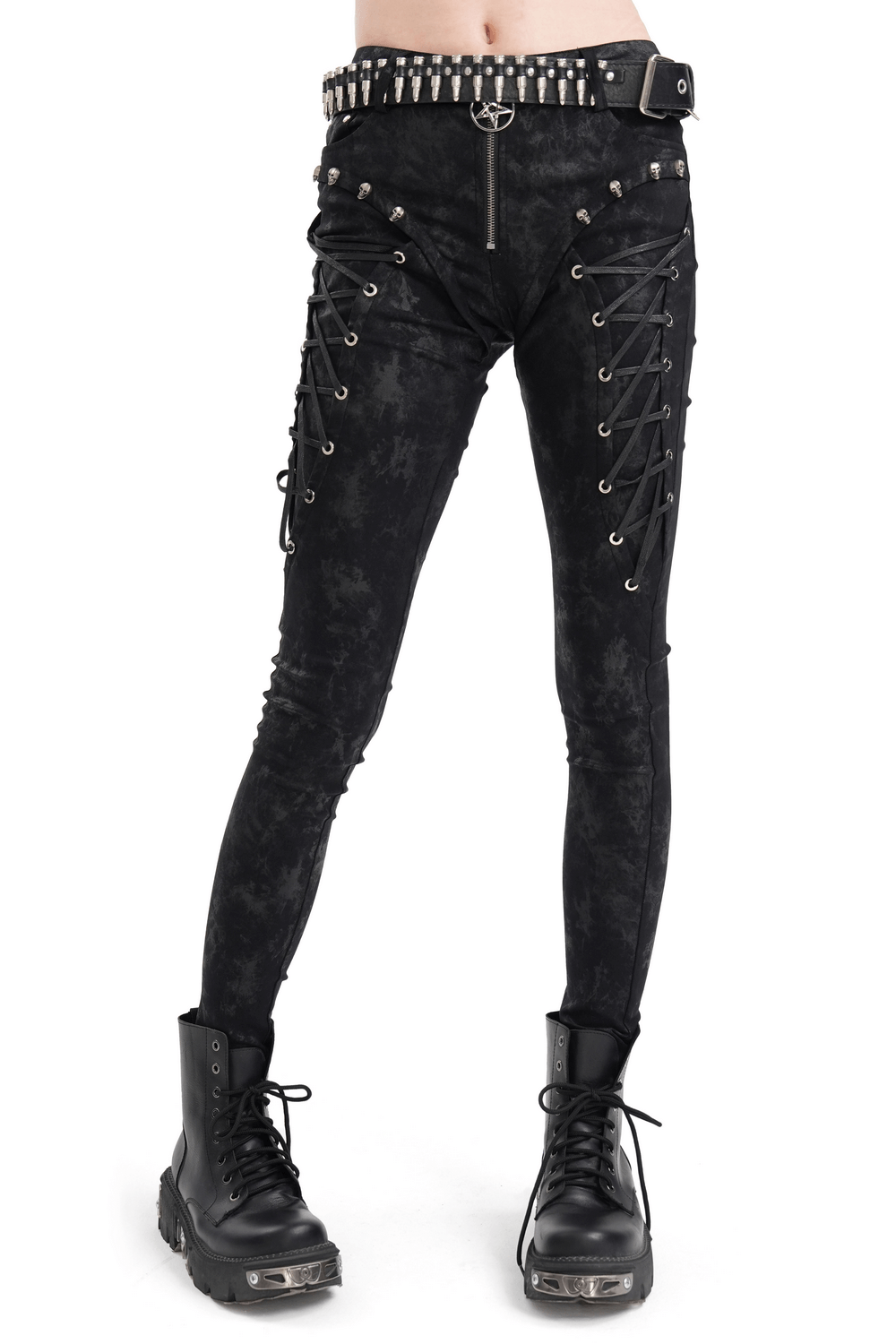 Black gothic lace-up skinny pants with pentagram charm and skull embellishments, perfect for alternative fashion lovers.