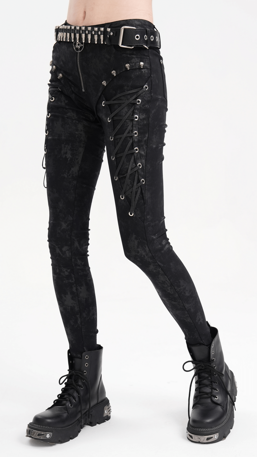 Black gothic lace-up skinny pants with skull detailing and pentagram charm, perfect for edgy alternative fashion.