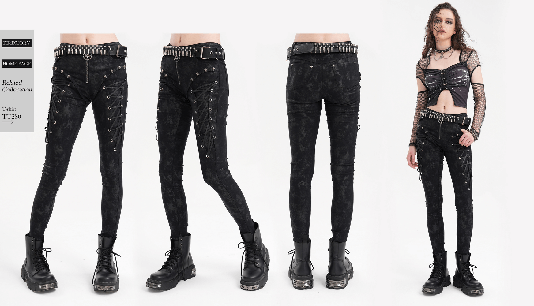 Black gothic lace-up skinny pants with pentagram charm and skull detailing, perfect for alternative fashion lovers.