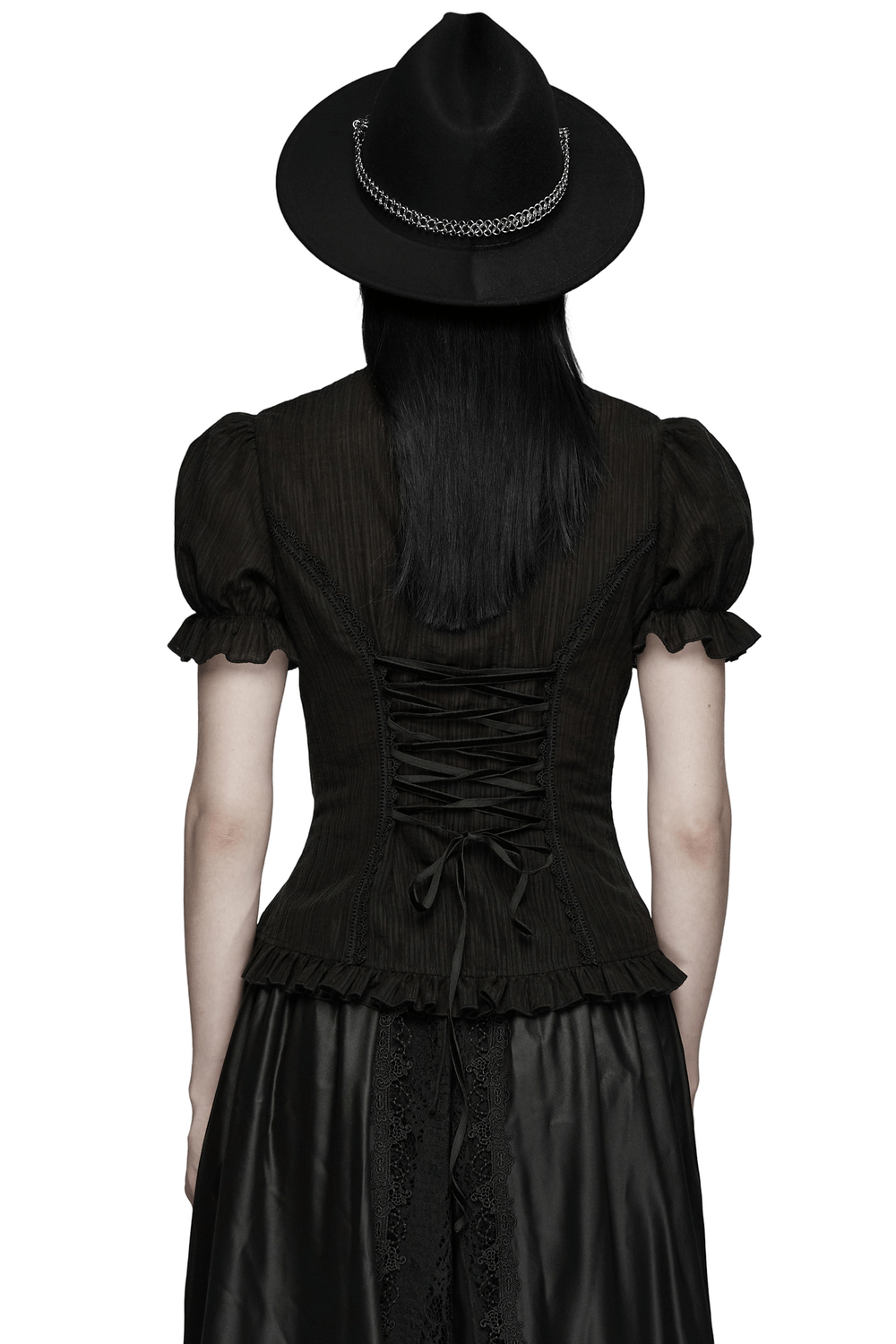 Back view of a model wearing a Black Gothic Lace-Up Puff-Sleeved Button Shirt with a stylish hat.