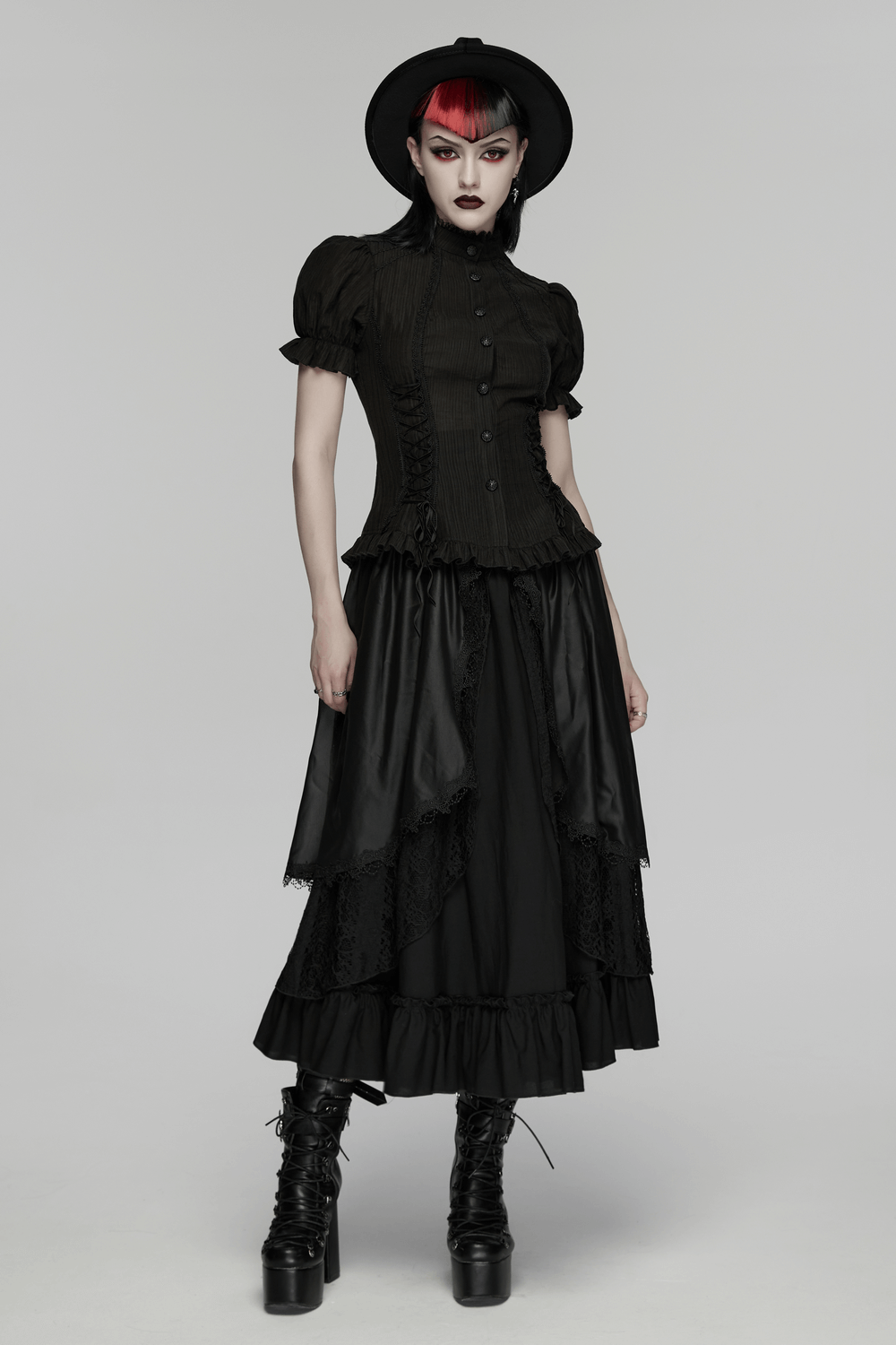 Black Gothic Lace-Up Puff-Sleeved Button Shirt worn with a flowing black skirt, exuding a darkly elegant vibe.