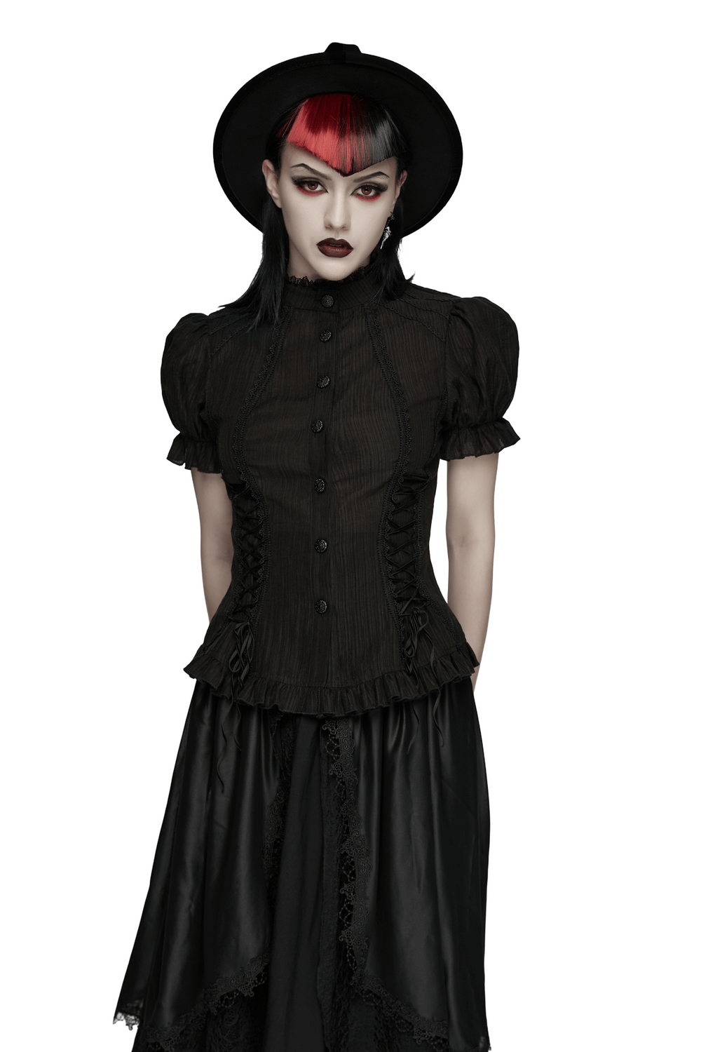 Model wearing a Black Gothic Lace-Up Puff-Sleeved Button Shirt with dramatic makeup and a stylish hat.