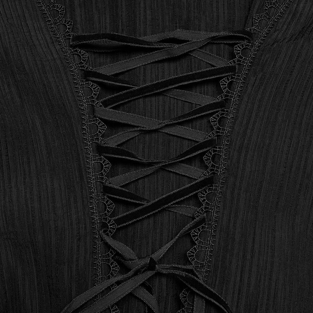 Close-up of the Black Gothic Lace-Up Puff-Sleeved Button Shirt showcasing intricate lace-up detail.