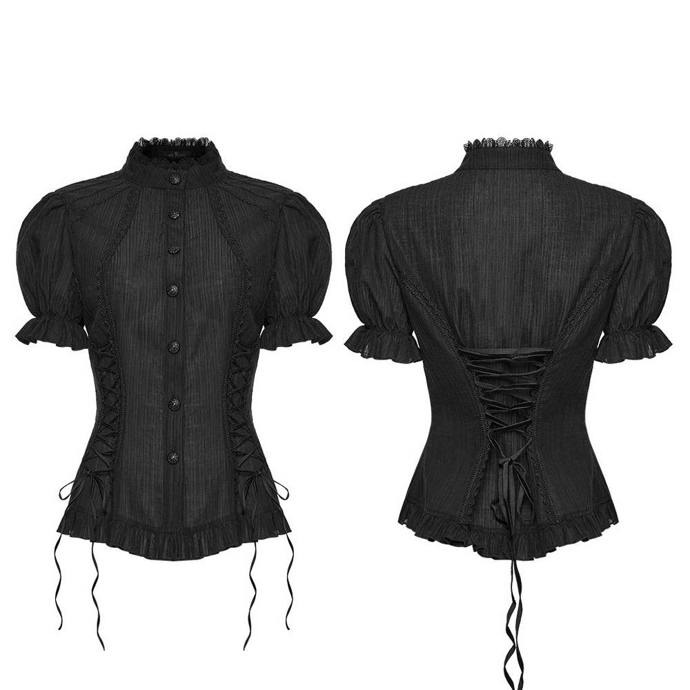 Black Gothic Lace-Up Puff-Sleeved Button Shirt with elegant lace details and vintage-inspired design.