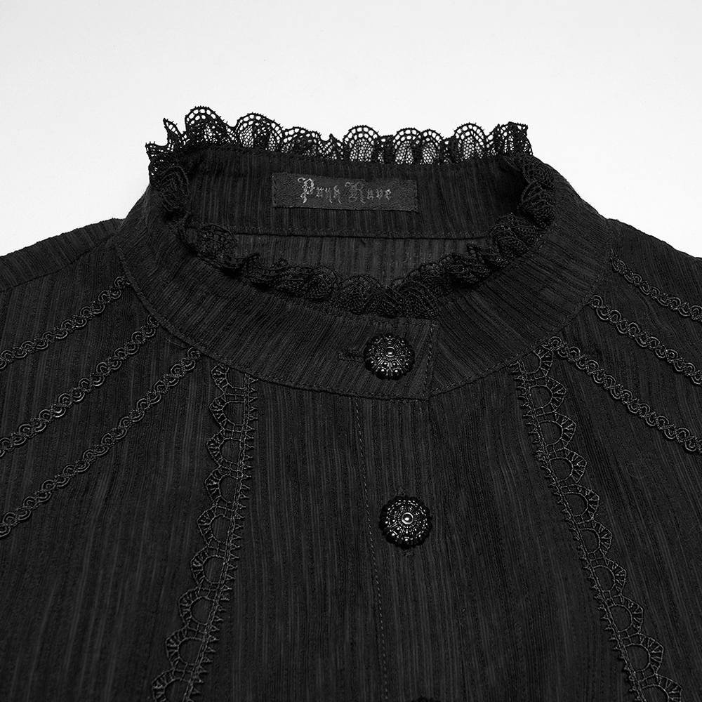 Black Gothic Lace-Up Puff-Sleeved Button Shirt featuring intricate lace and button details.