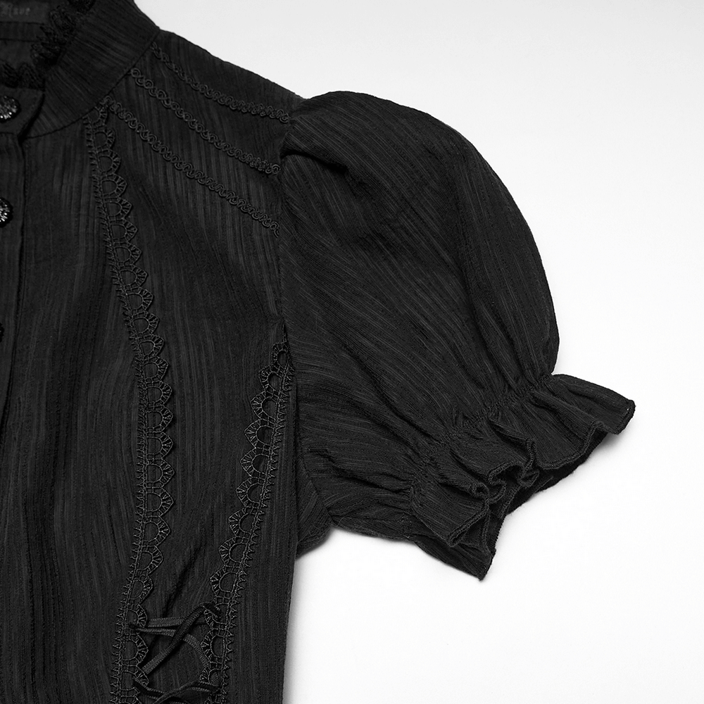 Black Gothic Lace-Up Puff-Sleeved Button Shirt detail featuring lace trim and puffed sleeves.