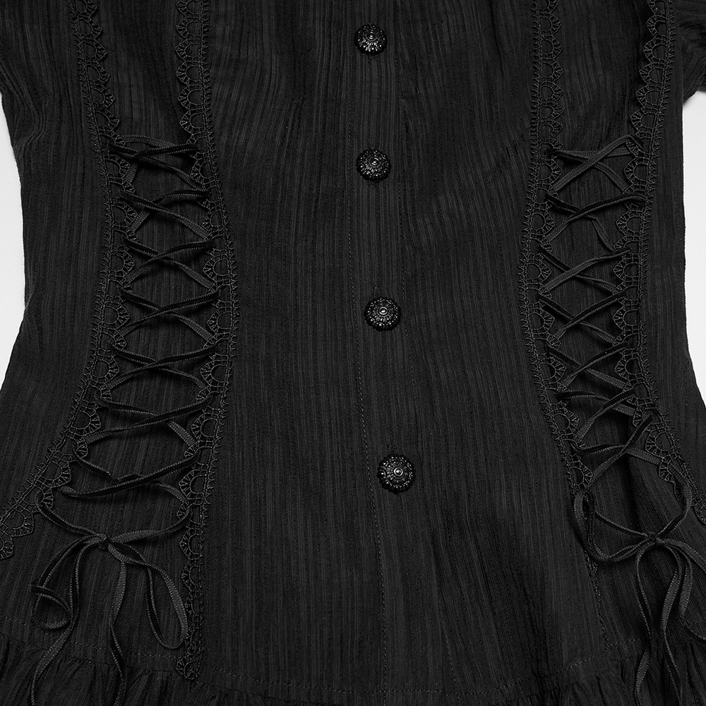 Black Gothic Lace-Up Puff-Sleeved Button Shirt showcasing detailed lace-up sides and elegant button design.