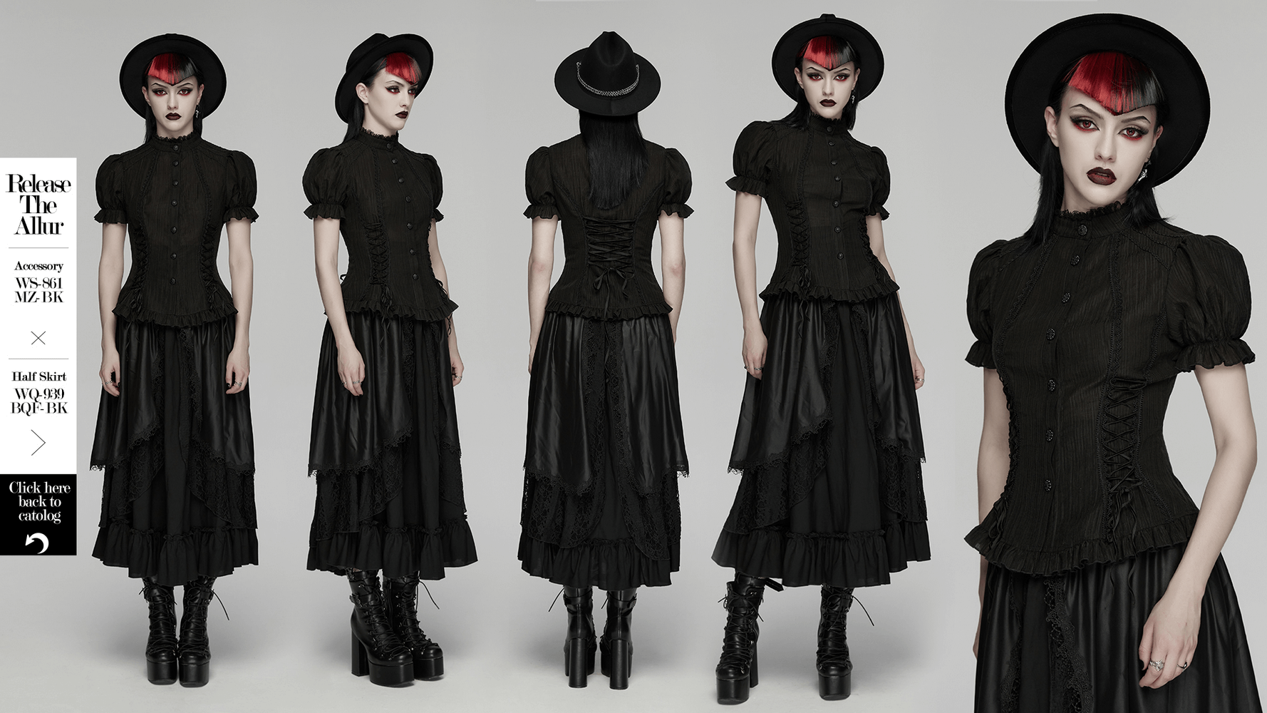 Black Gothic Lace-Up Puff-Sleeved Button Shirt model showcasing front and back views in a stylish black outfit.