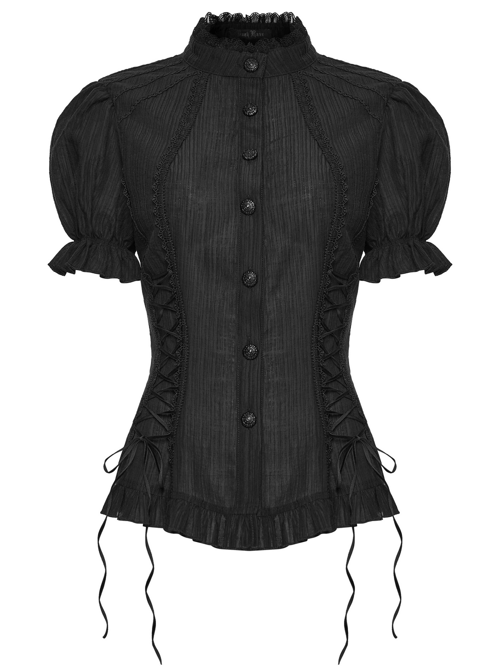 Black Gothic Lace-Up Puff-Sleeved Button Shirt featuring stylish puff sleeves and intricate lace-up details.