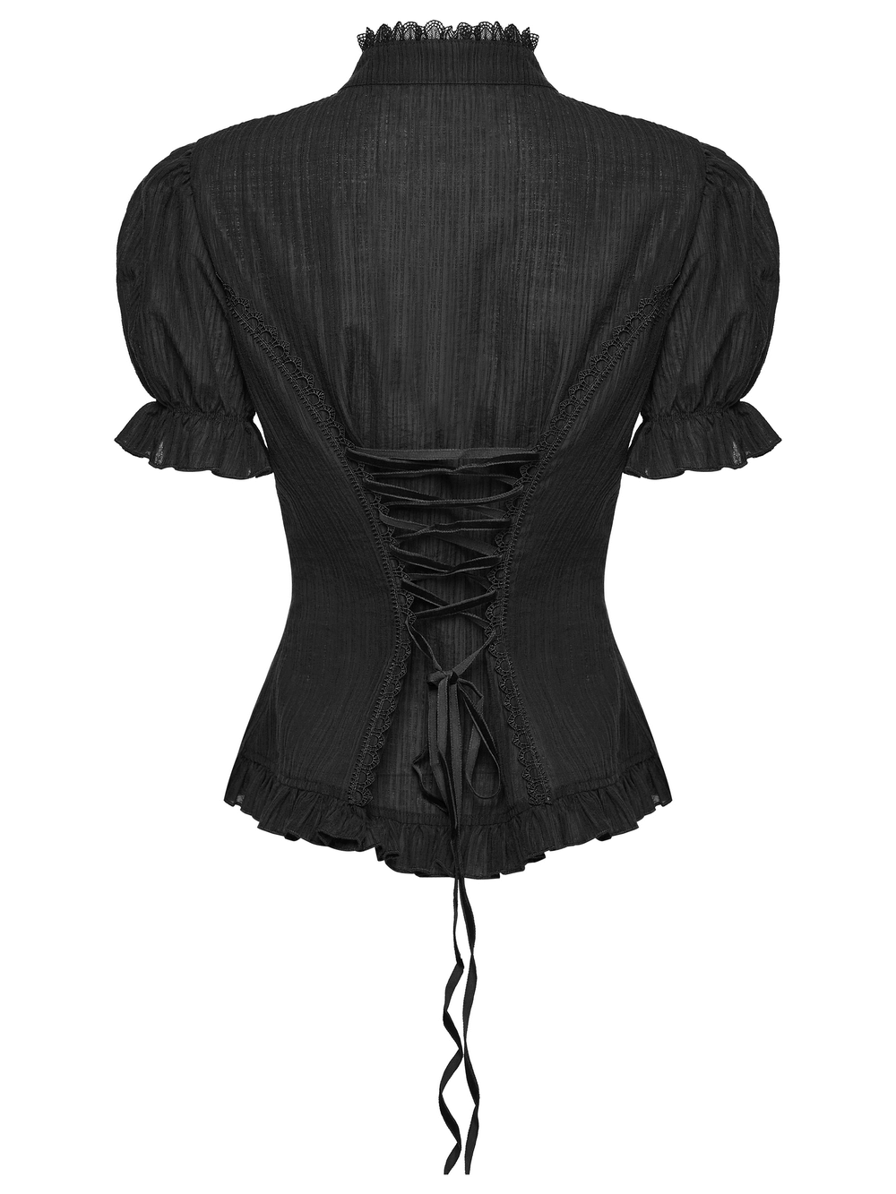 Black Gothic Lace-Up Puff-Sleeved Button Shirt showcasing a stylish back design with lace details.