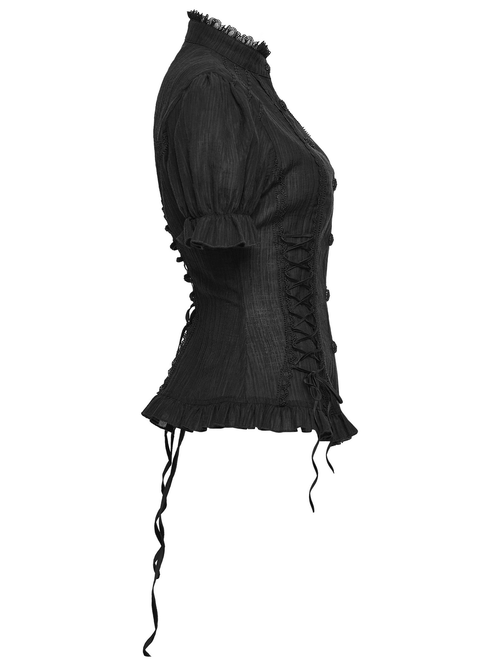Black Gothic Lace-Up Puff-Sleeved Button Shirt showcasing the side view with intricate lace-up detail.
