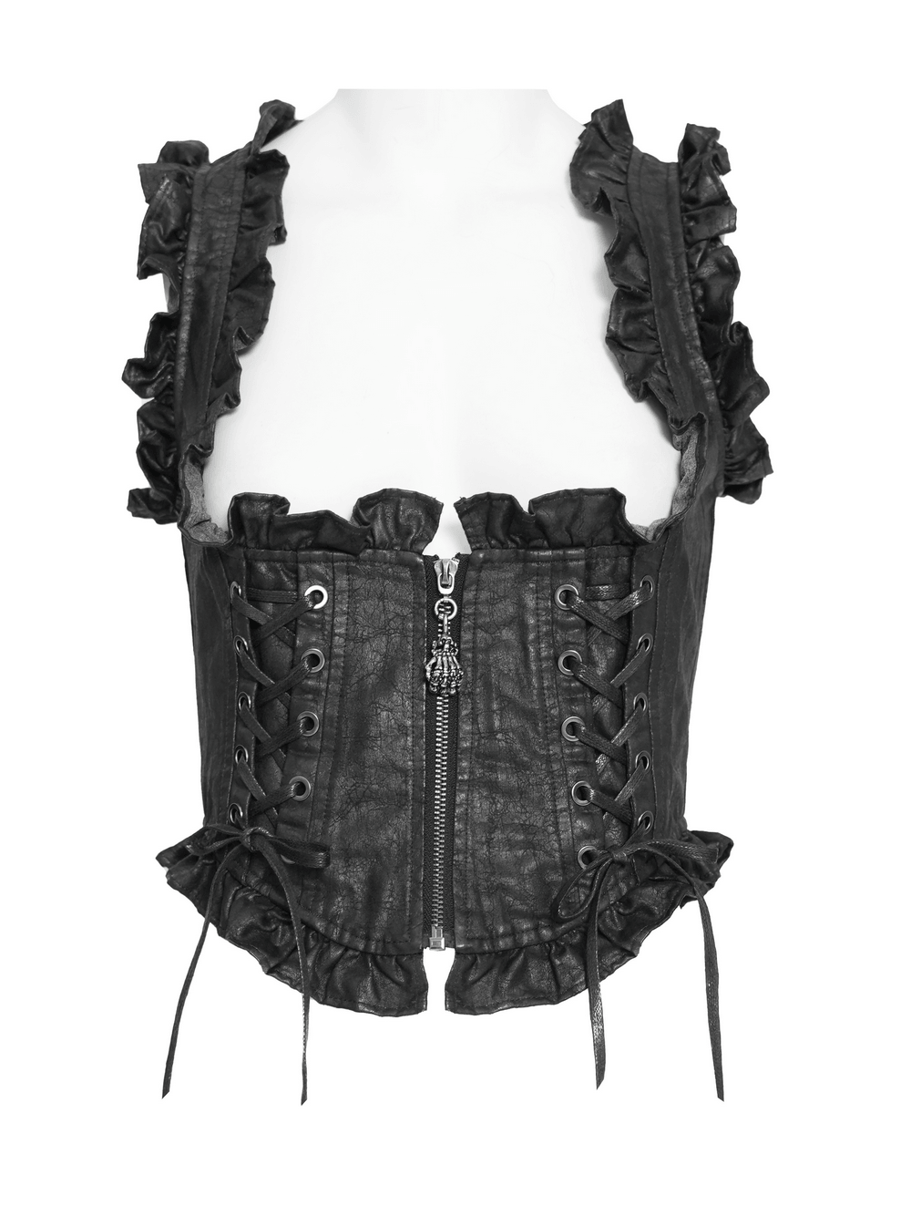 Black Gothic Lace Up Ruffle Waistcoat for Women featuring faux leather and lace-up details.