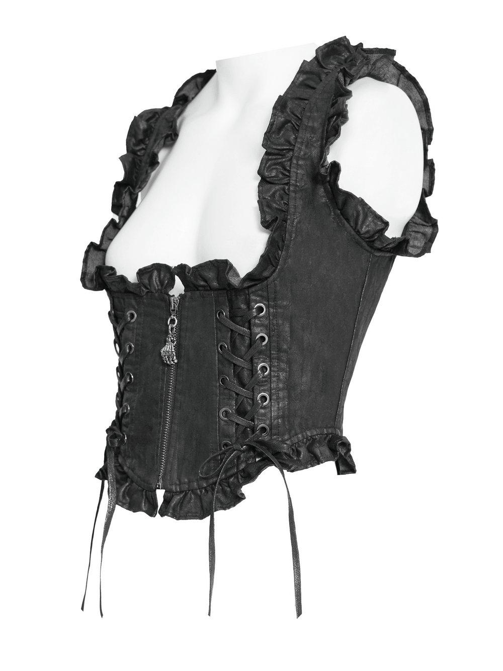 Black Gothic Lace Up Ruffle Waistcoat for Women with faux leather and ruffle trim, perfect for edgy outfits.