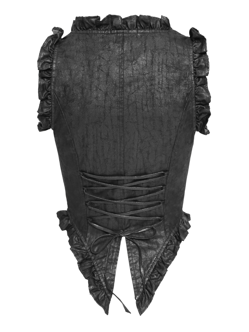 Black Gothic Lace Up Ruffle Waistcoat for Women featuring a ruffled design and lace-up back detail.