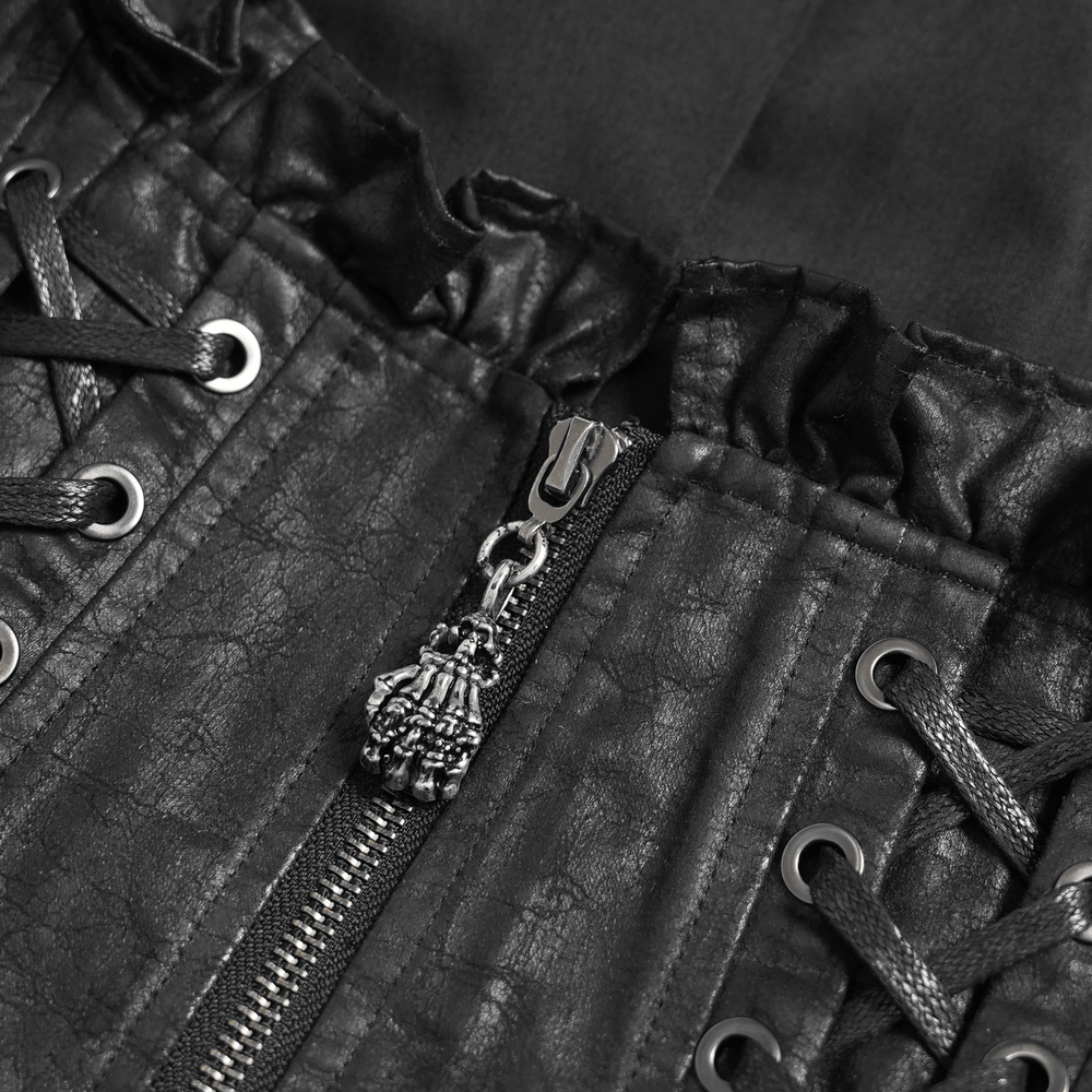 Black Gothic Lace Up Ruffle Waistcoat for Women close-up of zipper and lace-up details.