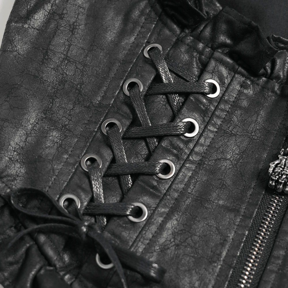 Black Gothic Lace Up Ruffle Waistcoat for Women with faux leather texture and lace-up detailing.