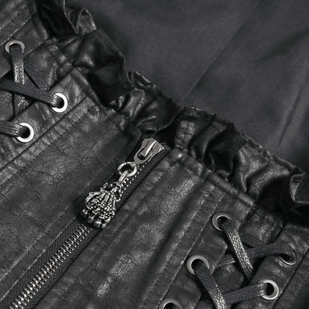 Black Gothic Lace Up Ruffle Waistcoat for Women close-up of zipper and lace-up details