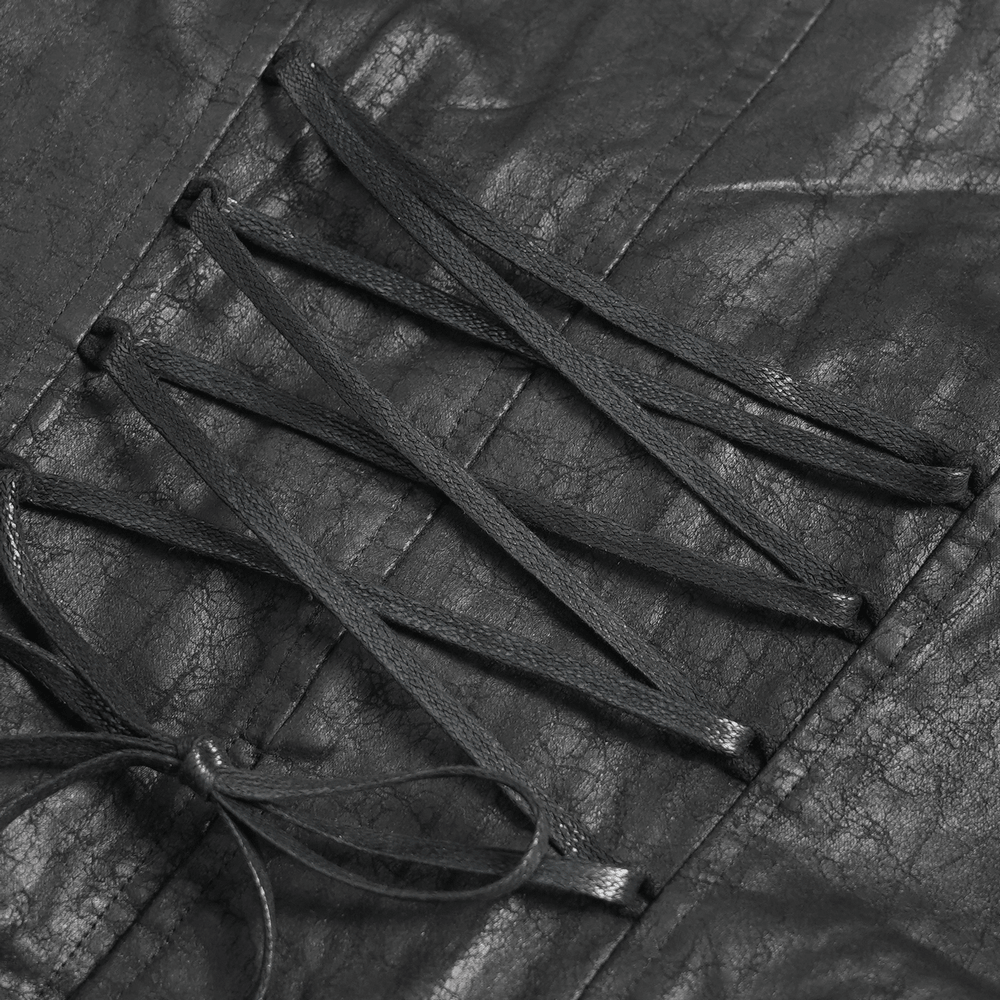 Close-up of side lace-up detailing on a Black Gothic Lace Up Ruffle Waistcoat for Women.