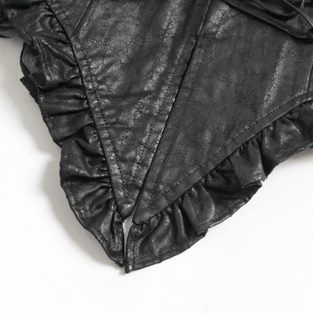 Detail of Black Gothic Lace Up Ruffle Waistcoat for Women showcasing ruffle-trim straps and faux leather texture.
