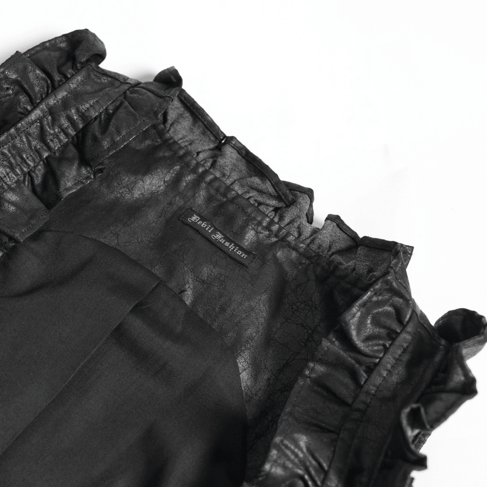 Black Gothic Lace Up Ruffle Waistcoat for Women inner view showcasing luxurious fabric and ruffle details.