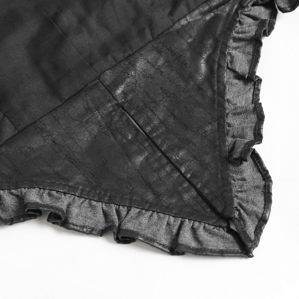 Black Gothic Lace Up Ruffle Waistcoat for Women close-up showing ruffle trim and faux leather detail.