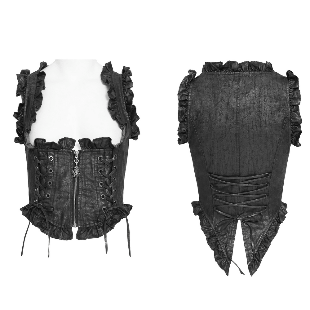 Black Gothic Lace Up Ruffle Waistcoat for Women featuring faux leather, ruffles, and lace-up details.