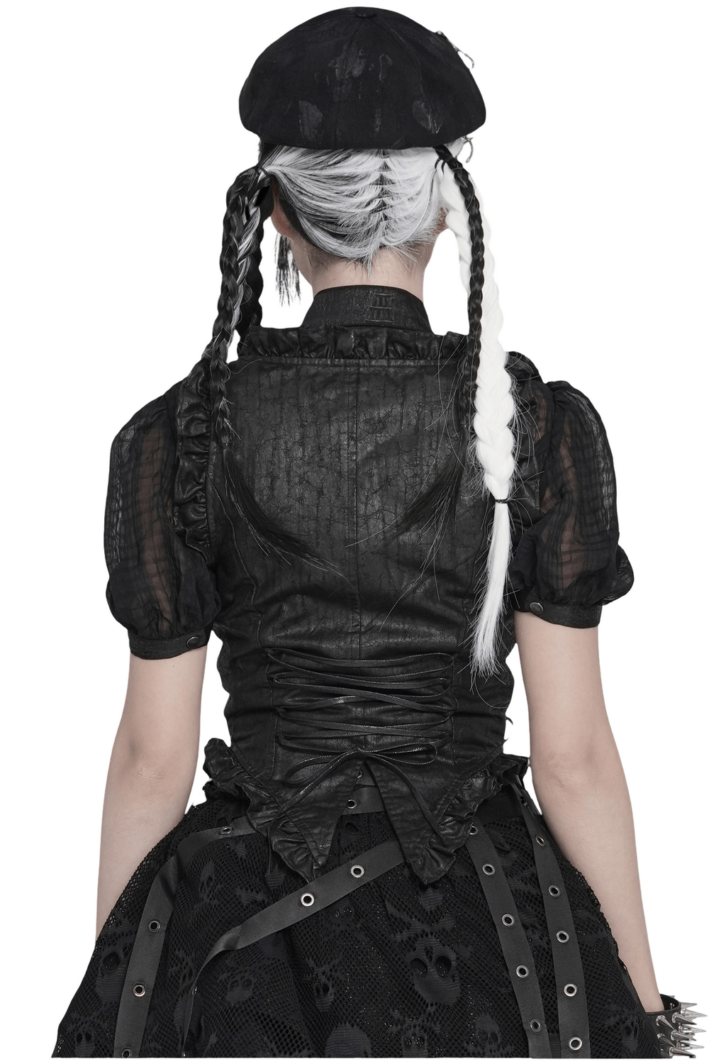 Black Gothic Lace Up Ruffle Waistcoat for Women showcasing back view and lace-up detailing.