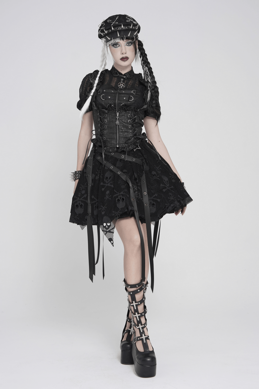 Black Gothic Lace Up Ruffle Waistcoat for Women styled with a black skirt and platform shoes, showcasing a dark gothic vibe.