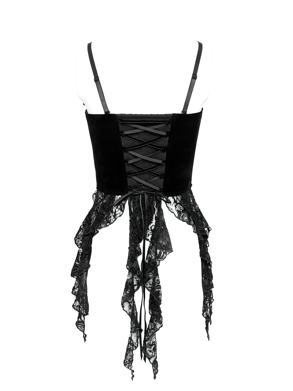 Alt Tag: Back view of Black Gothic Lace-Up Velvet Fringe Corset Top with lace-up panel, velvet straps, and dramatic lace fringe