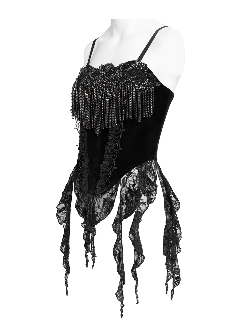 Alt Tag: Black Gothic Lace-Up Velvet Fringe Corset Top with lace fringe beading, adjustable straps, and sheer lace panels on white background