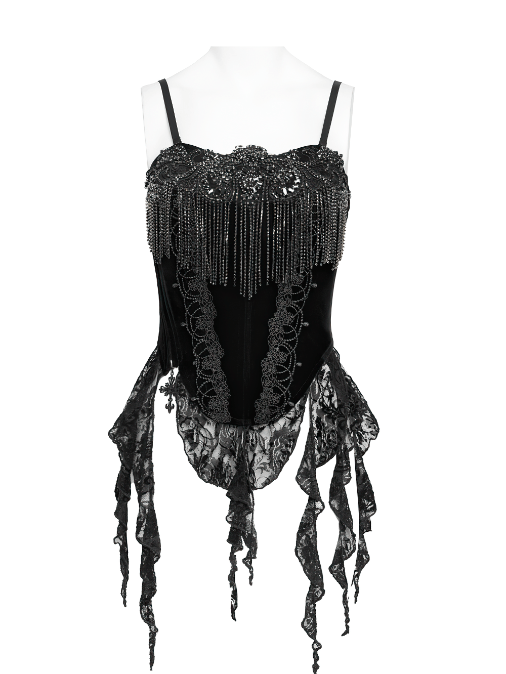Alt Tag: Black Gothic Lace-Up Velvet Fringe Corset Top with black lace fringe details and spaghetti straps—goth glam that steals the spotlight