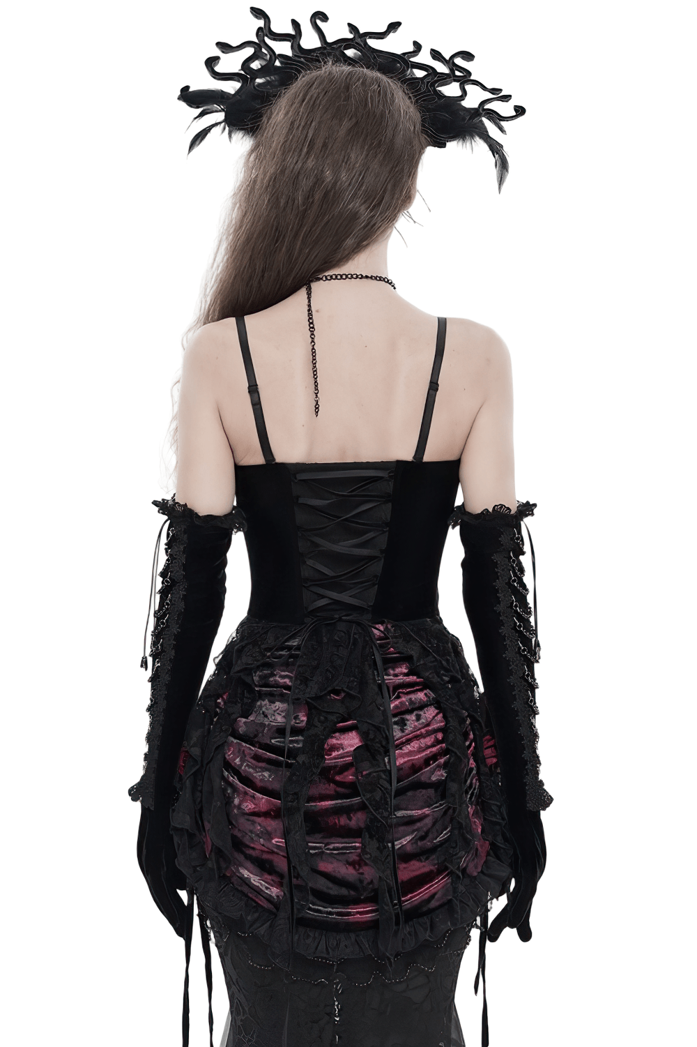 Alt Tag: Black Gothic Lace-Up Velvet Fringe Corset Top back view, lace-up velvet corset with fringe details and gothic styling