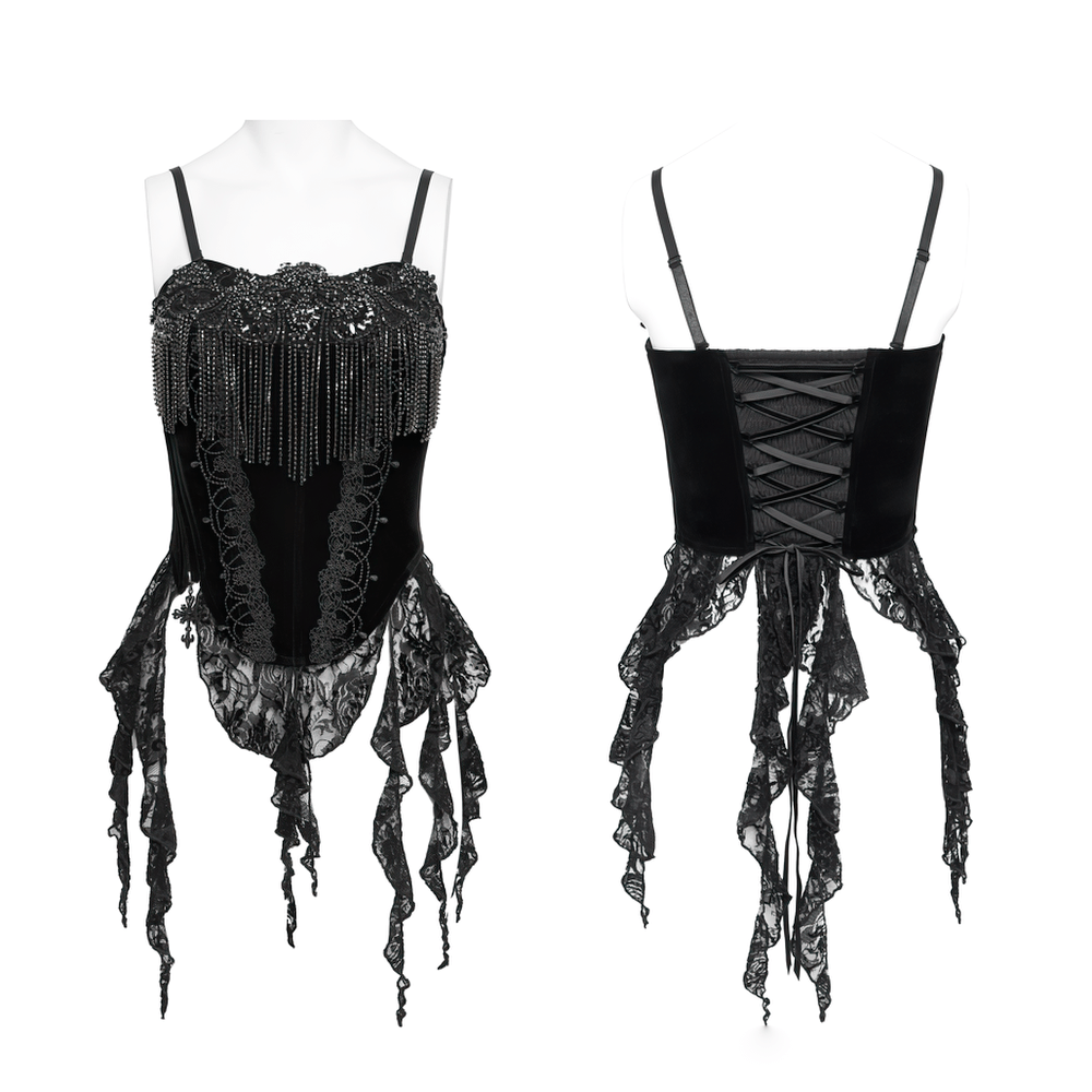 Alt Tag: Black Gothic Lace-Up Velvet Fringe Corset Top front and back view with lace trim, fringe details, and lace-up back