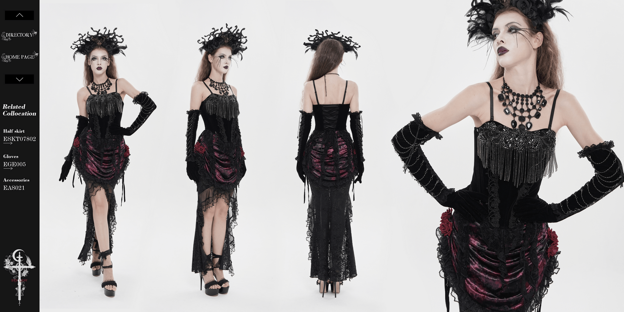 Alt Tag: Black Gothic Lace-Up Velvet Fringe Corset Top on model, front and back views, black velvet corset with fringe, lace details, and gothic styling