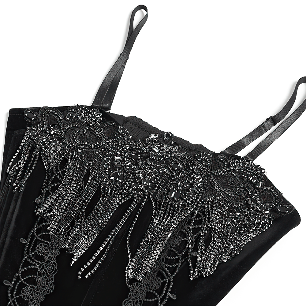 Alt Tag: Black Gothic Lace-Up Velvet Fringe Corset Top with intricate black lace and sparkling beaded fringe detail, close-up